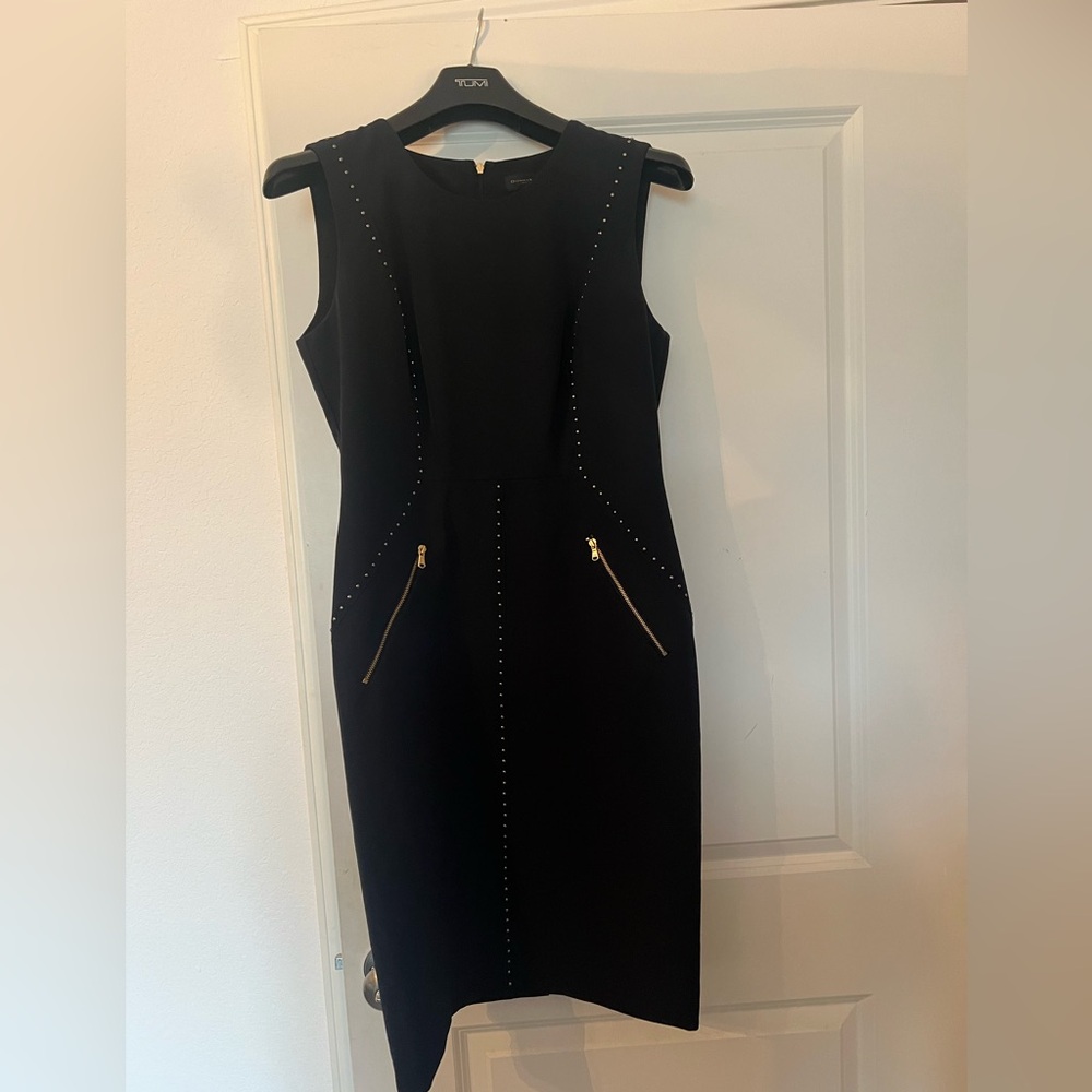 Donna Karan Black Midi Dress with Gold Zipper Accents